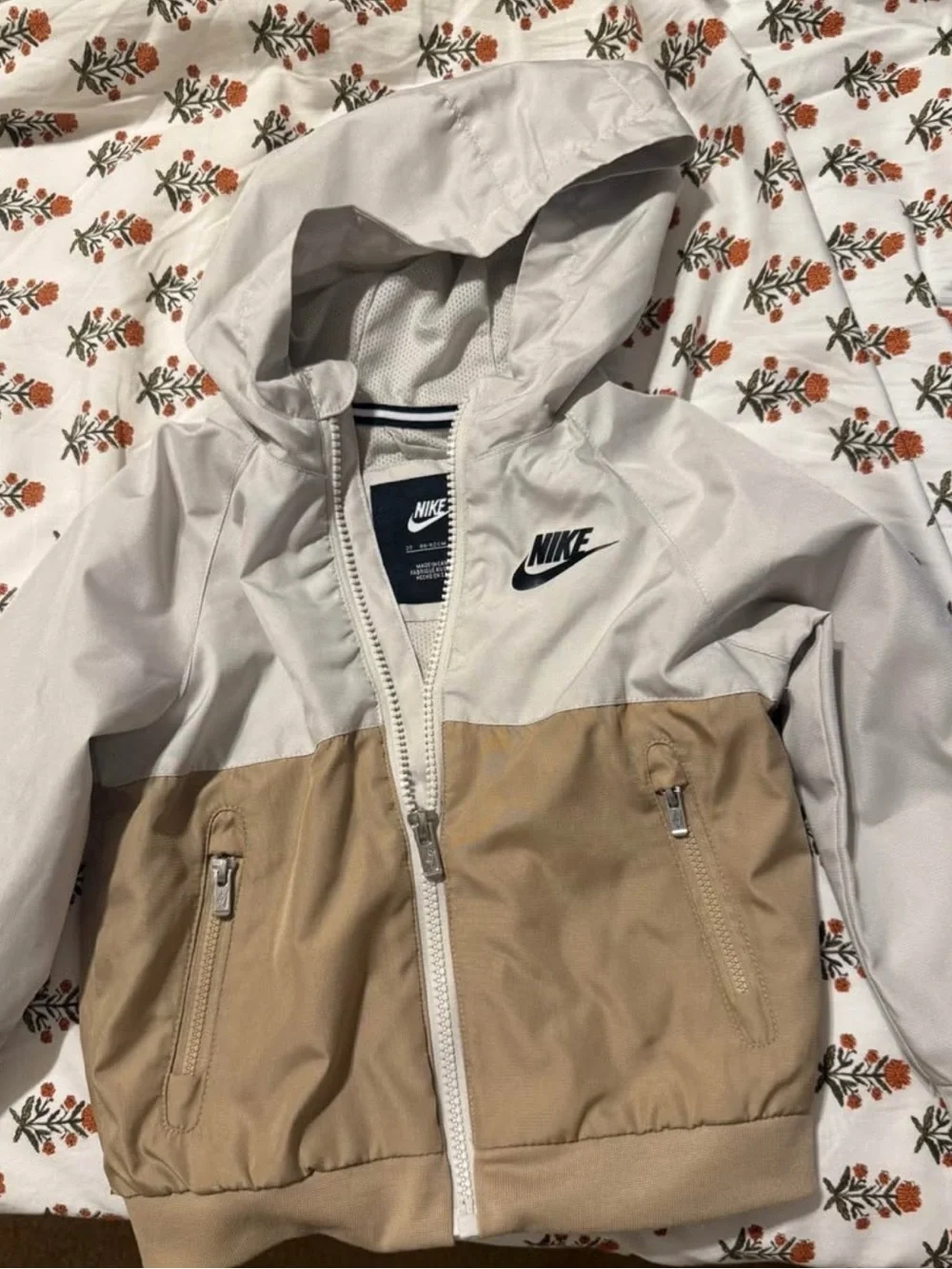 Nike Kids' Hooded Two-Tone Rain Jacket in Light Gray and Tan